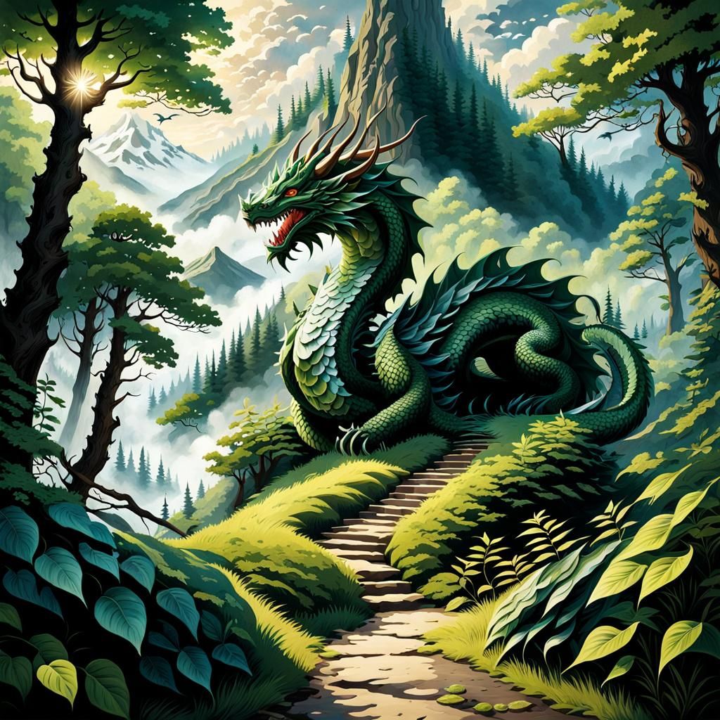 Enchanted Forest Path to Cloud-Shrouded Mountain