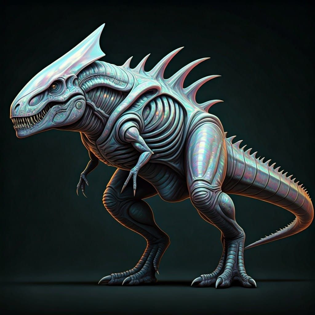Opal Xenomorph-Rex Hybrid in Comic Book Style