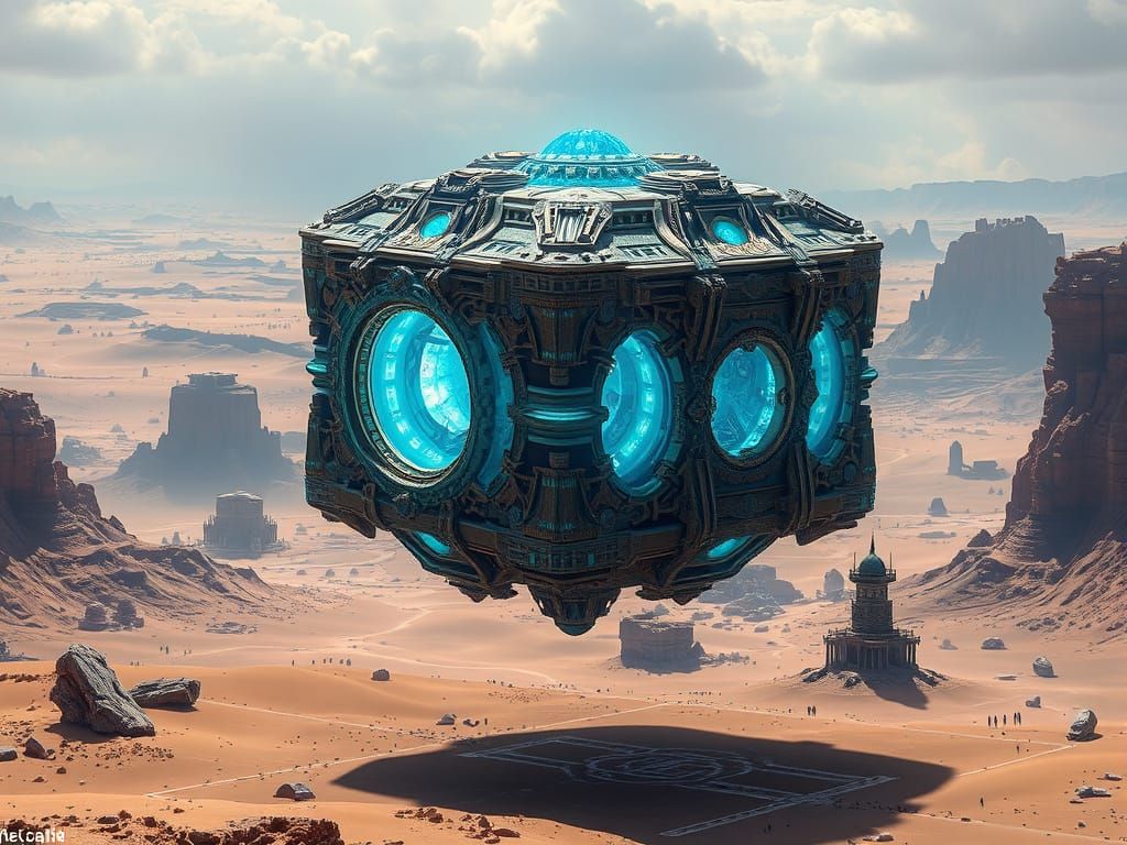 Alien Cube Over Desert: Biomechanical Sci-Fi Art