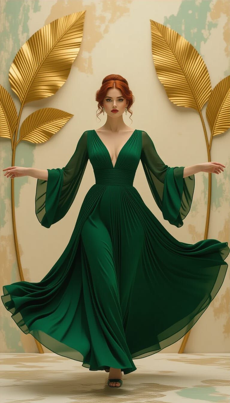 Curvy Woman in Emerald Gown, Cinematic Portrait
