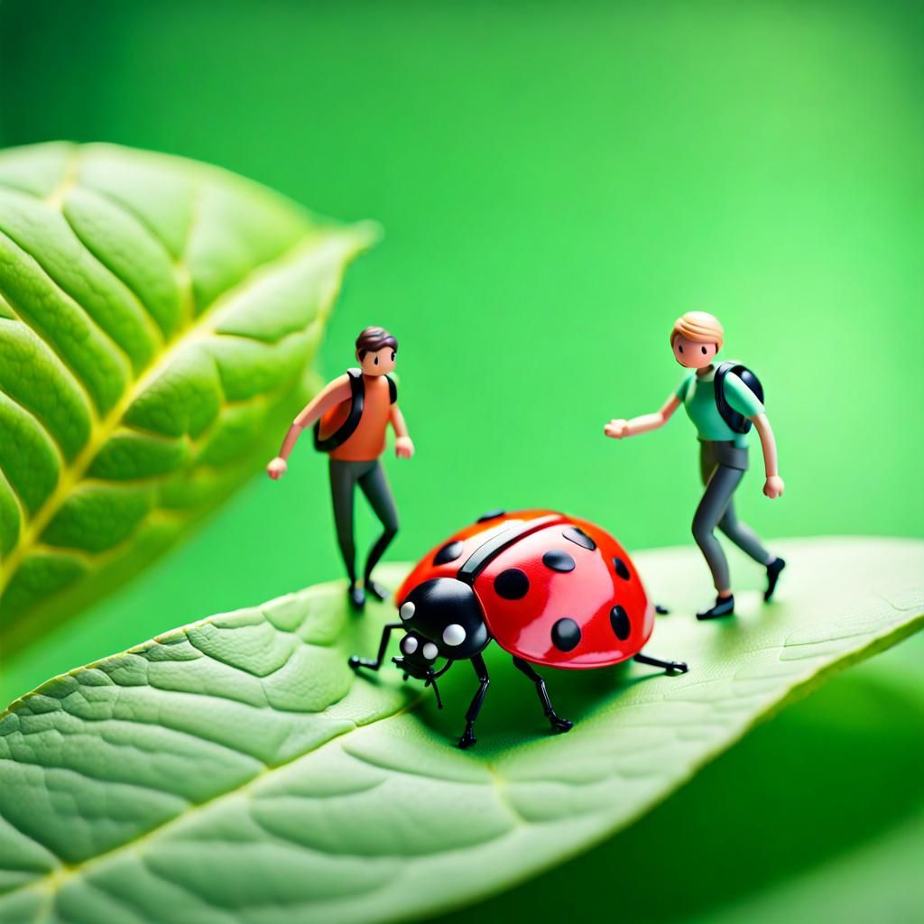 Miniature People on Leaf with Giant Ladybug
