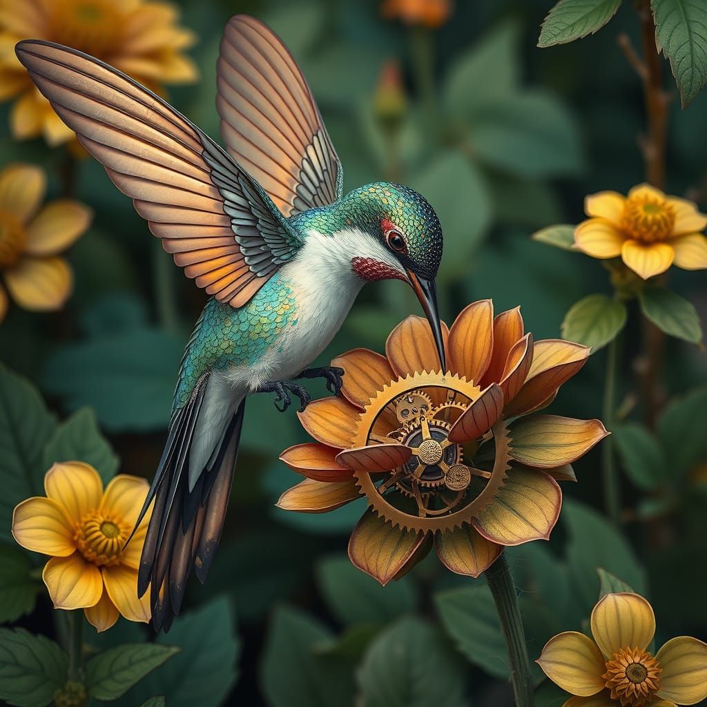 Steampunk Hummingbird Sips Nectar in Art Nouveau Style