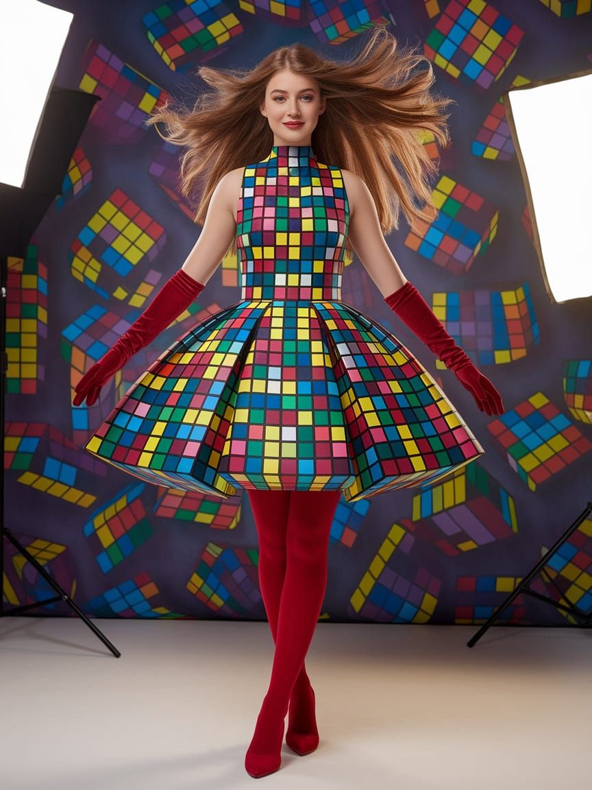 Stunning Young Woman Posing in a Rubik's Cube Dress with 80s...
