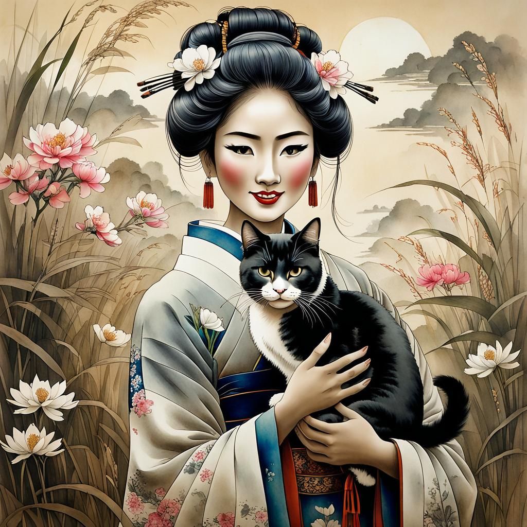 Geisha Girl with Cat in Chinese Ink Painting