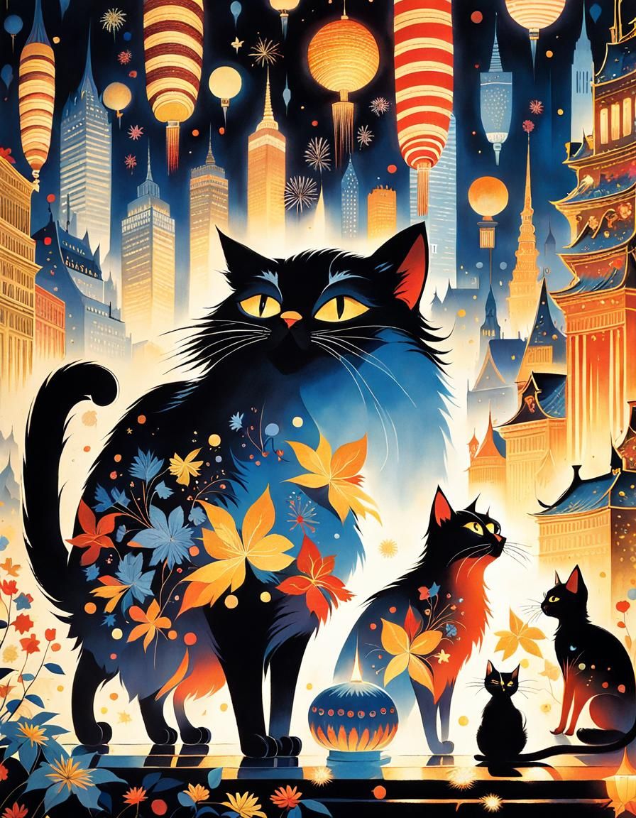 Cats Celebrate New Year's Eve in Cyberpunk City