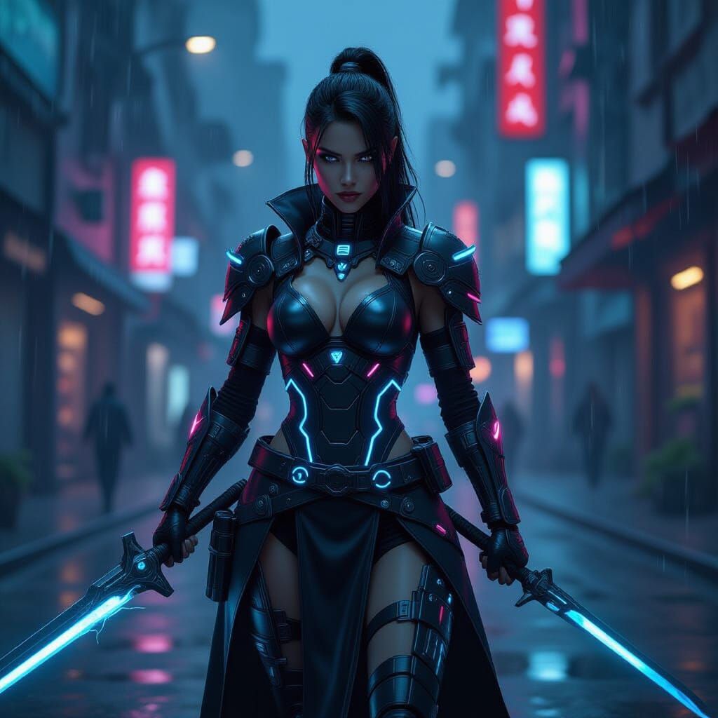 Cybernetic Warrior in Neon City