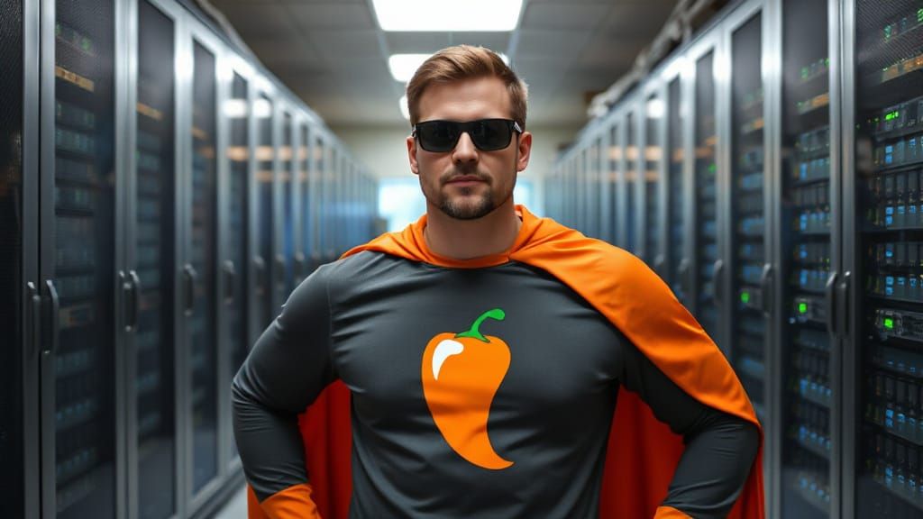 Sysadmin Superhero in Server Room with Chili Logo