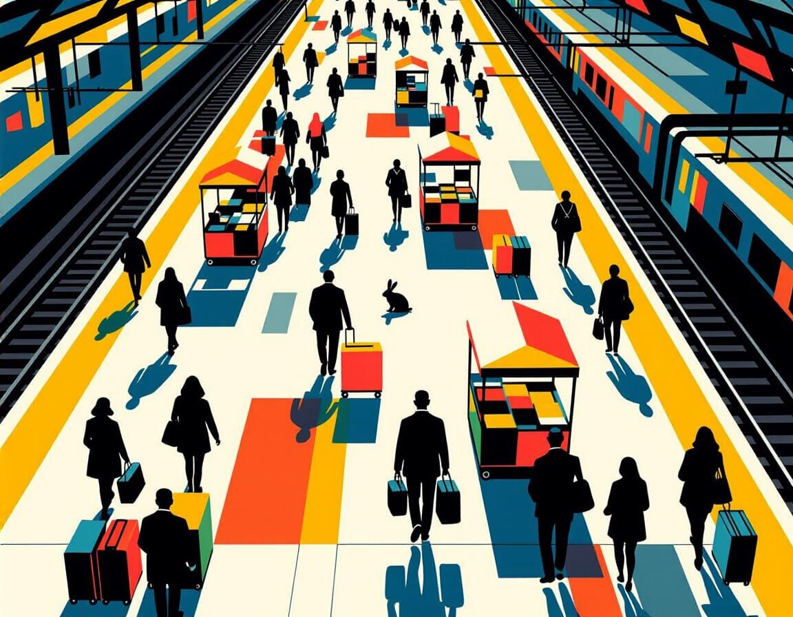 Abstract Train Station Mosaic: Geometric Urban Life