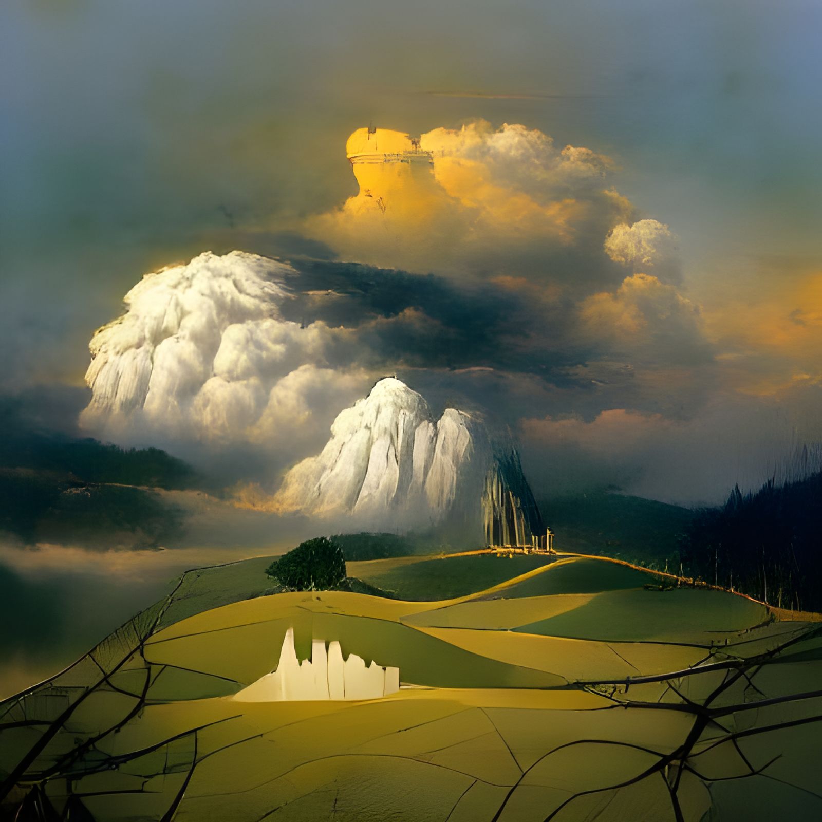 Mountain City Under Storm, Romantic Landscape