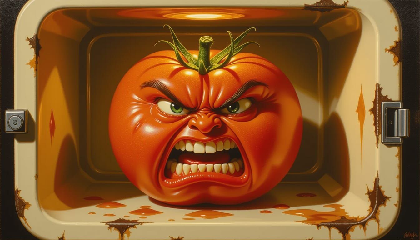 Furious Tomato in Vintage Refrigerator: Oil Painting