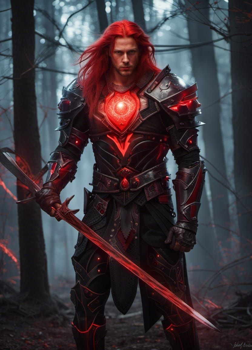 Red-Haired Warrior with Glowing Sword in Forest