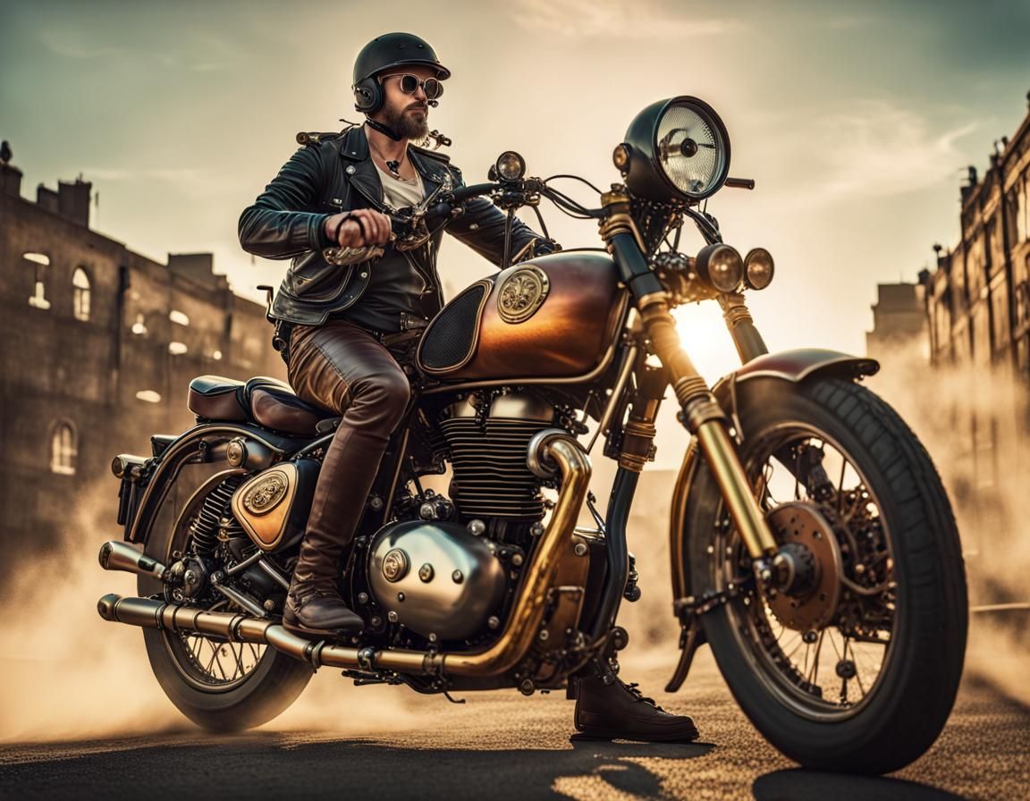Steampunk Biker on Royal Enfield: Hyperrealistic Dieselpunk ...