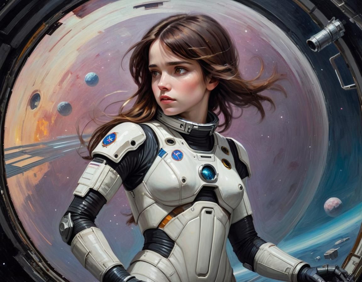 Android Woman in Space Station Oil Painting