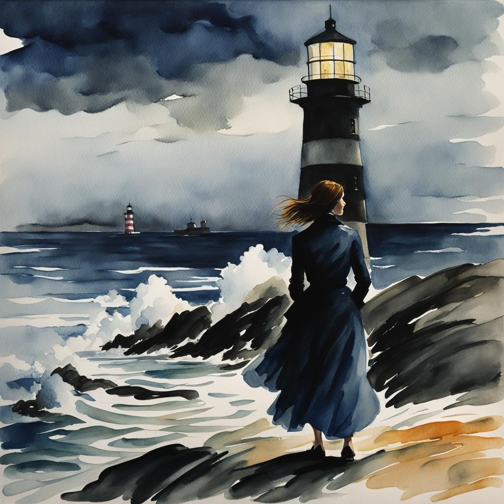 Moody Watercolor: Woman and Lighthouse at Twilight