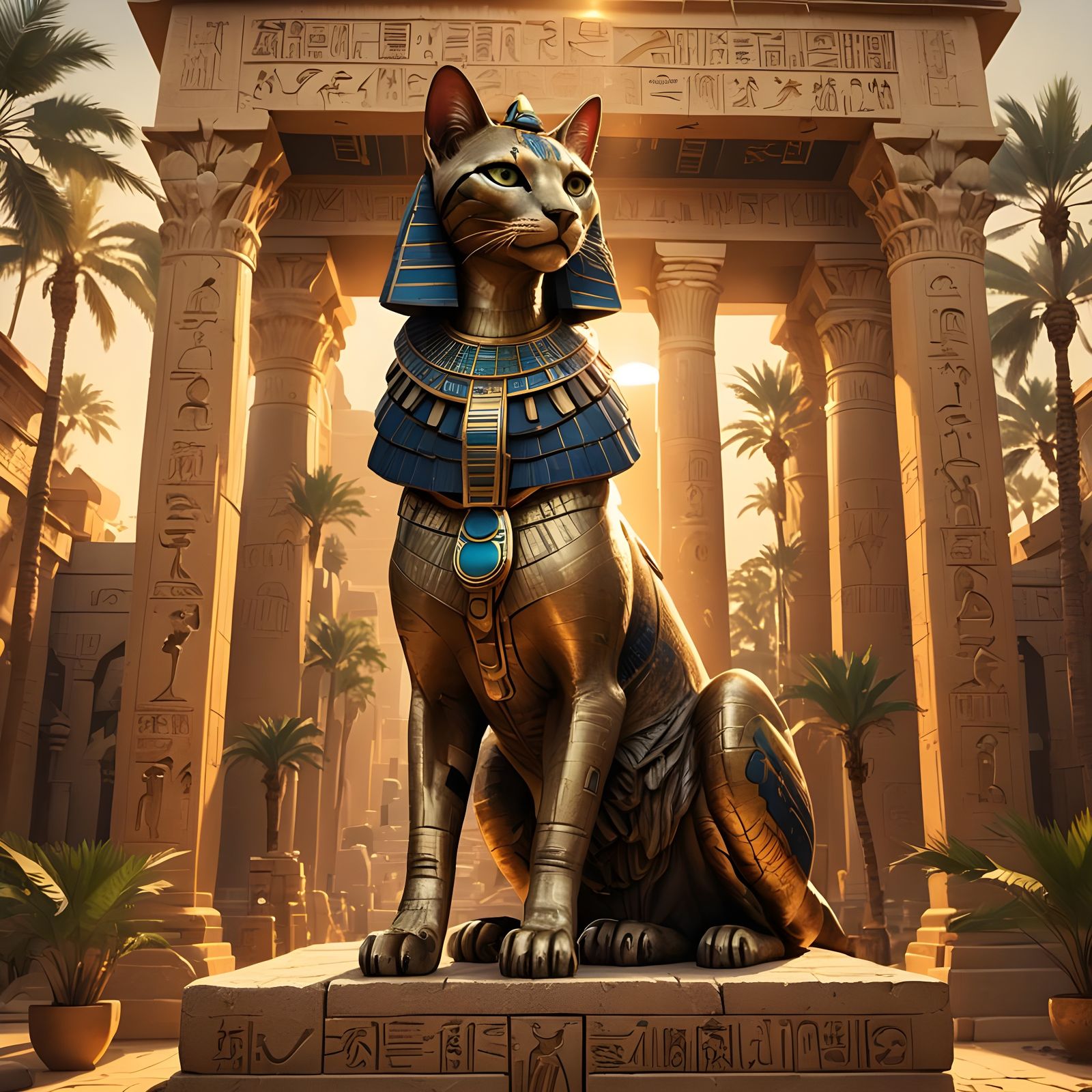 Goddess Bastet on Egyptian Temple in Golden Light