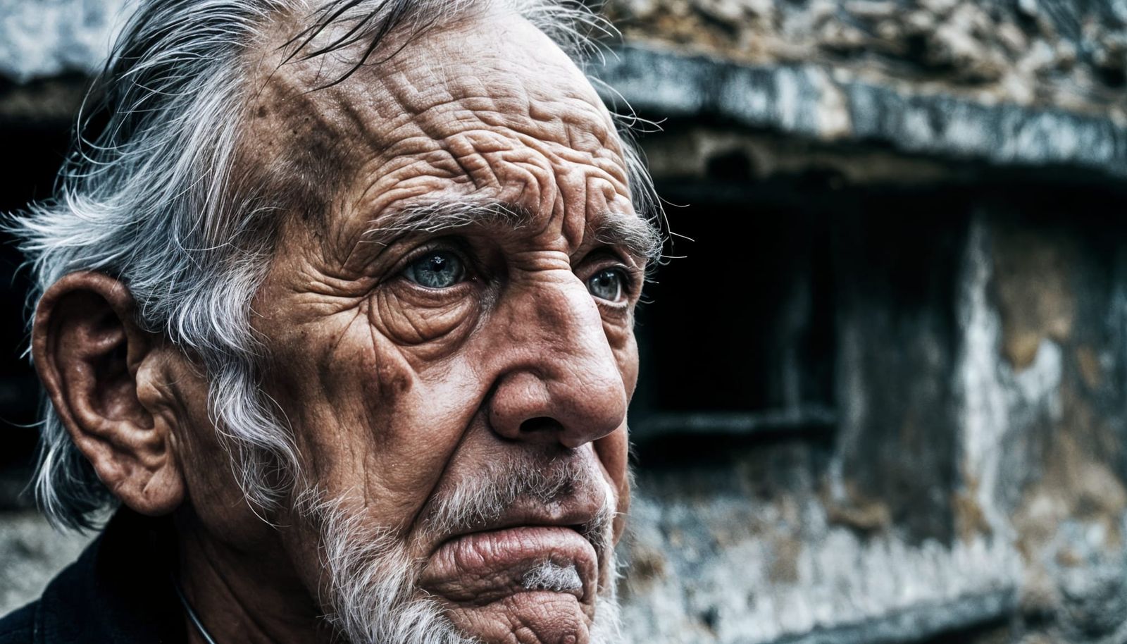 Hyperrealistic Old Man in War-torn City