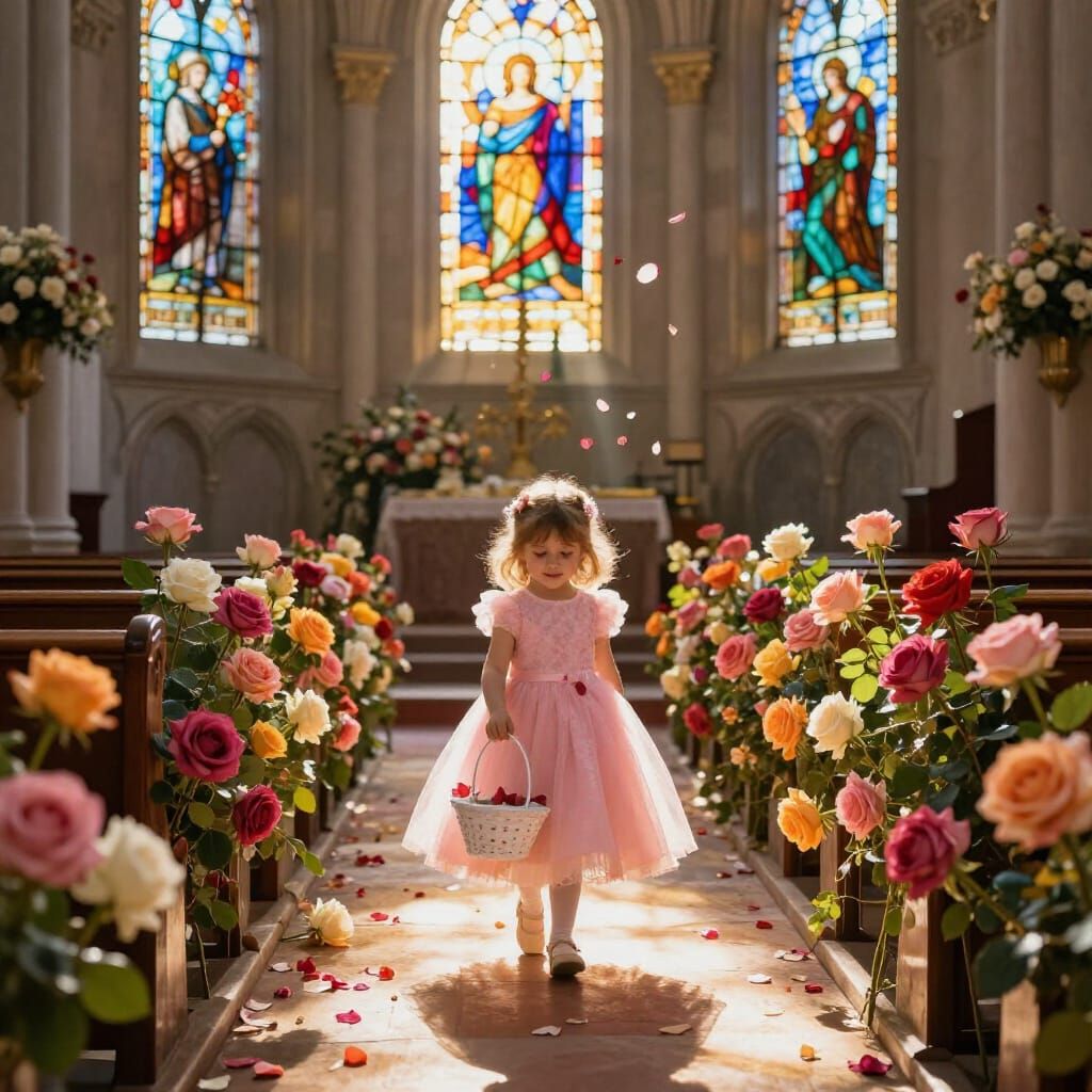 Flower Girl in Sunlit Chapel, Painterly Style