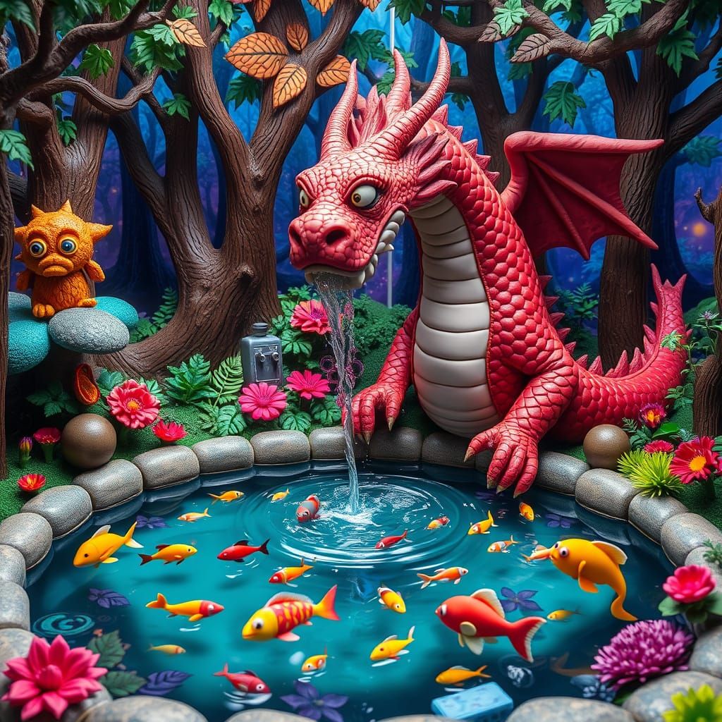 Claymation Dragon Fountain in Magical Forest