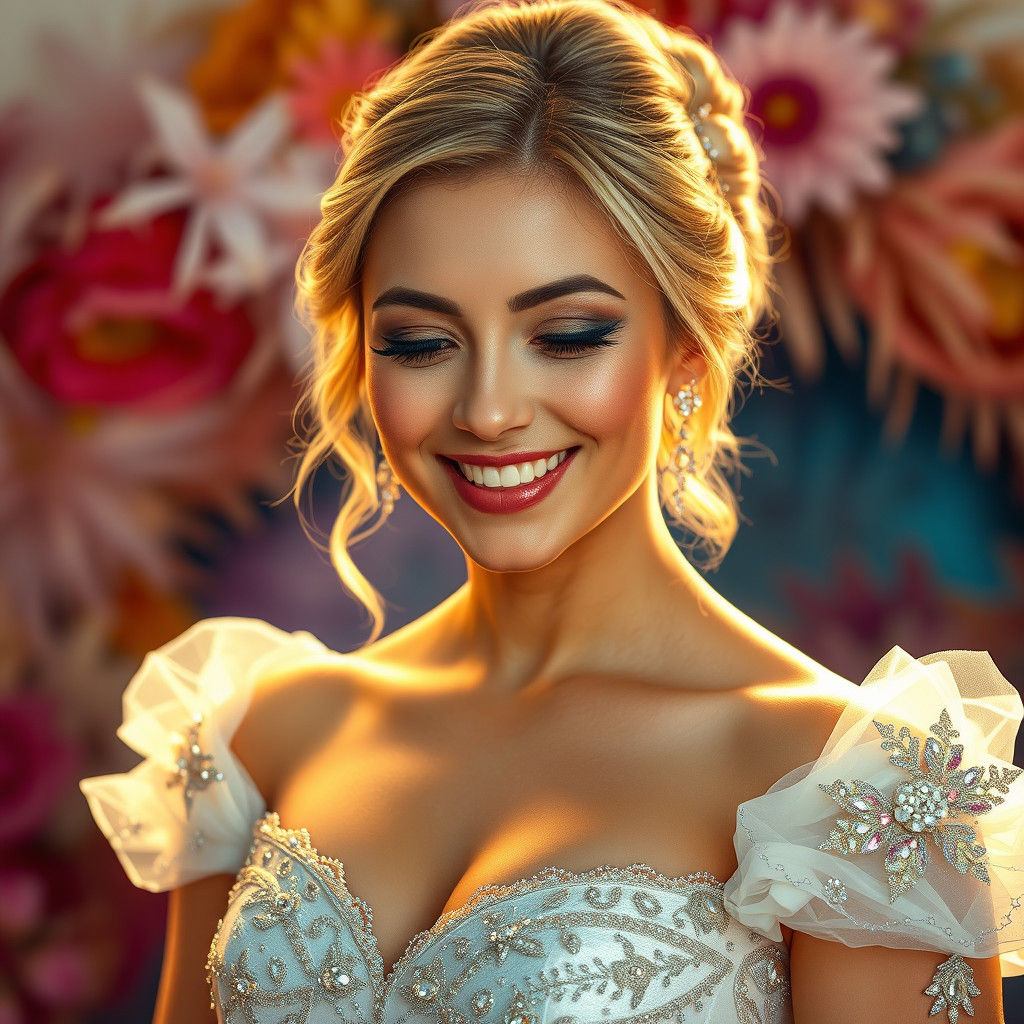 Radiant Princess Bride in Silver Gown, Hyperrealistic Art