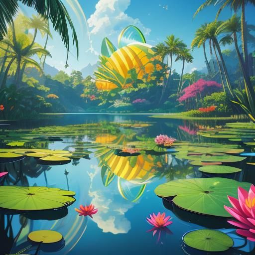 Green Frog on Flower-Filled Lake in Candy Art