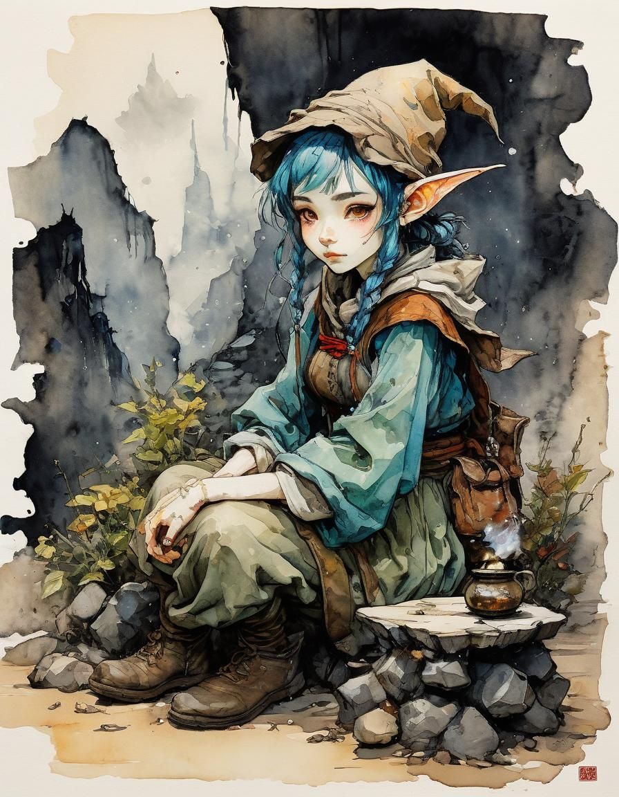 Vintage Ink Painting: Kawaii Elf Refugees in Darkness