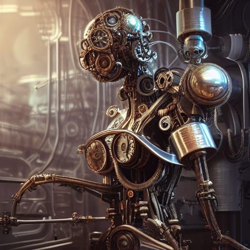 Steampunk Cyborg in Cybernetic Lab, Detailed Art
