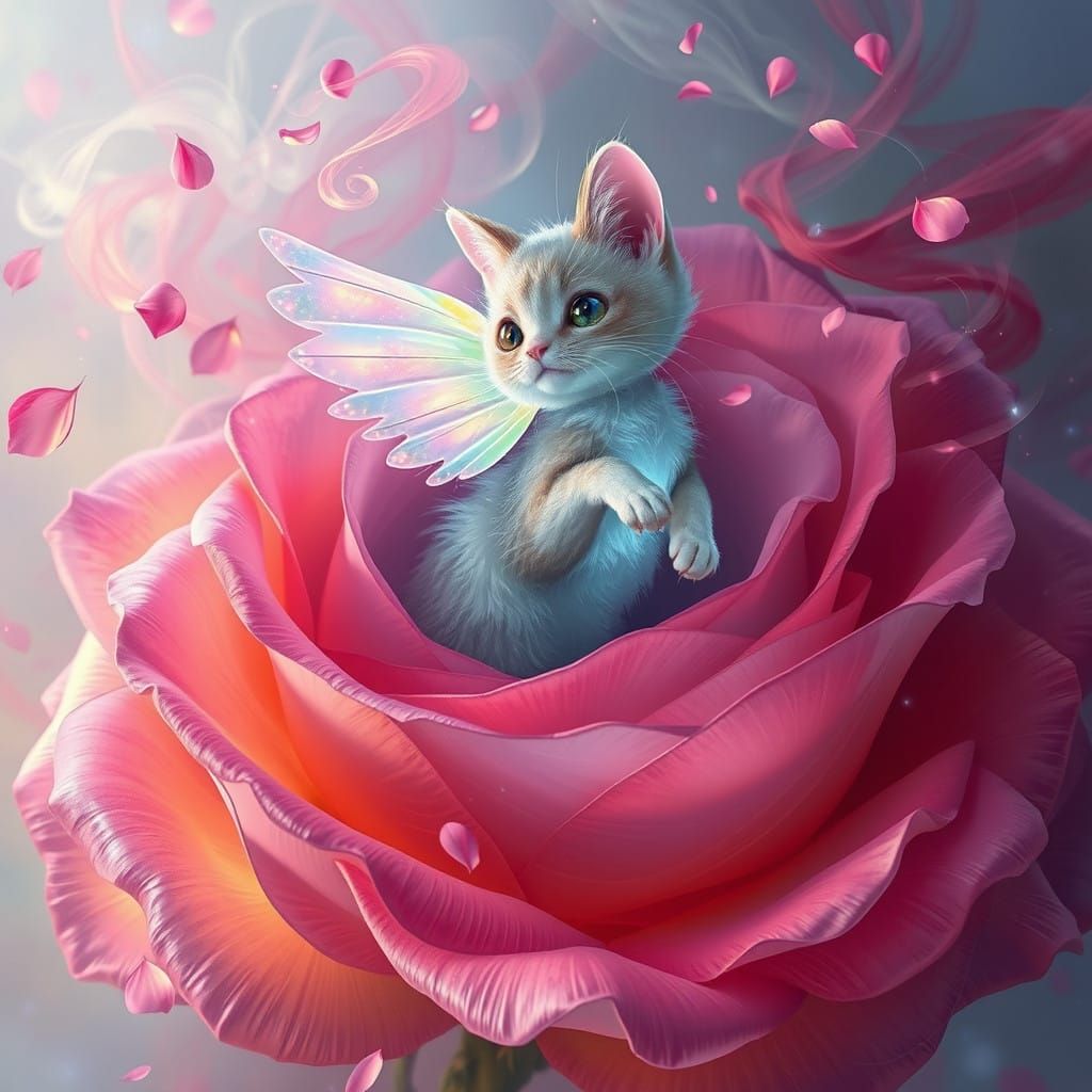 Luminescent Whimsy: Iridescent Cat Amidst Ethereal Rose