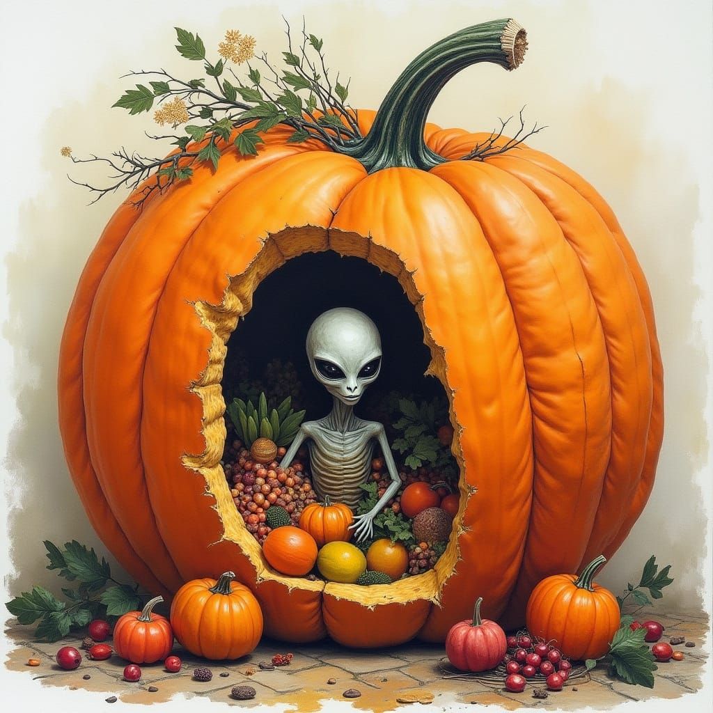 Surreal Alien Farmers Market Inside Pumpkin