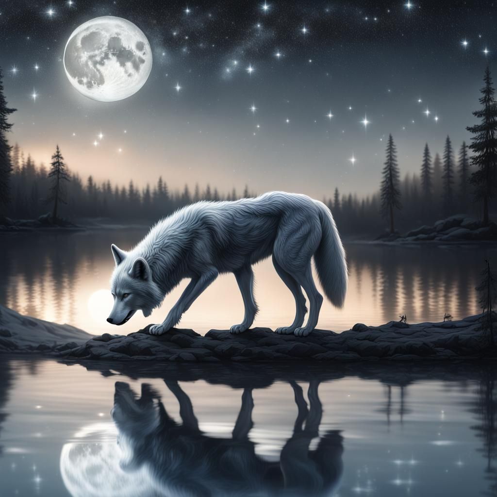 Silver Wolf Drinks Under Moonlight