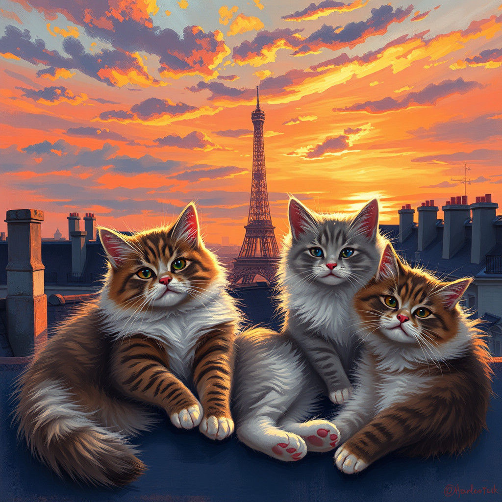 Cats on Parisian Roofs at Sunset: Impressionist Fantasy