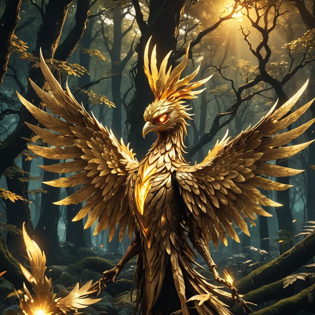 Golden Phoenix Cleansing Dark Forest in Anime Style
