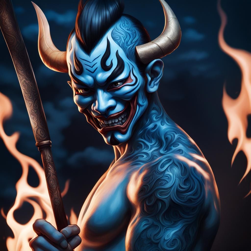 Hannya Masked Man with Axe in Digital Illustration