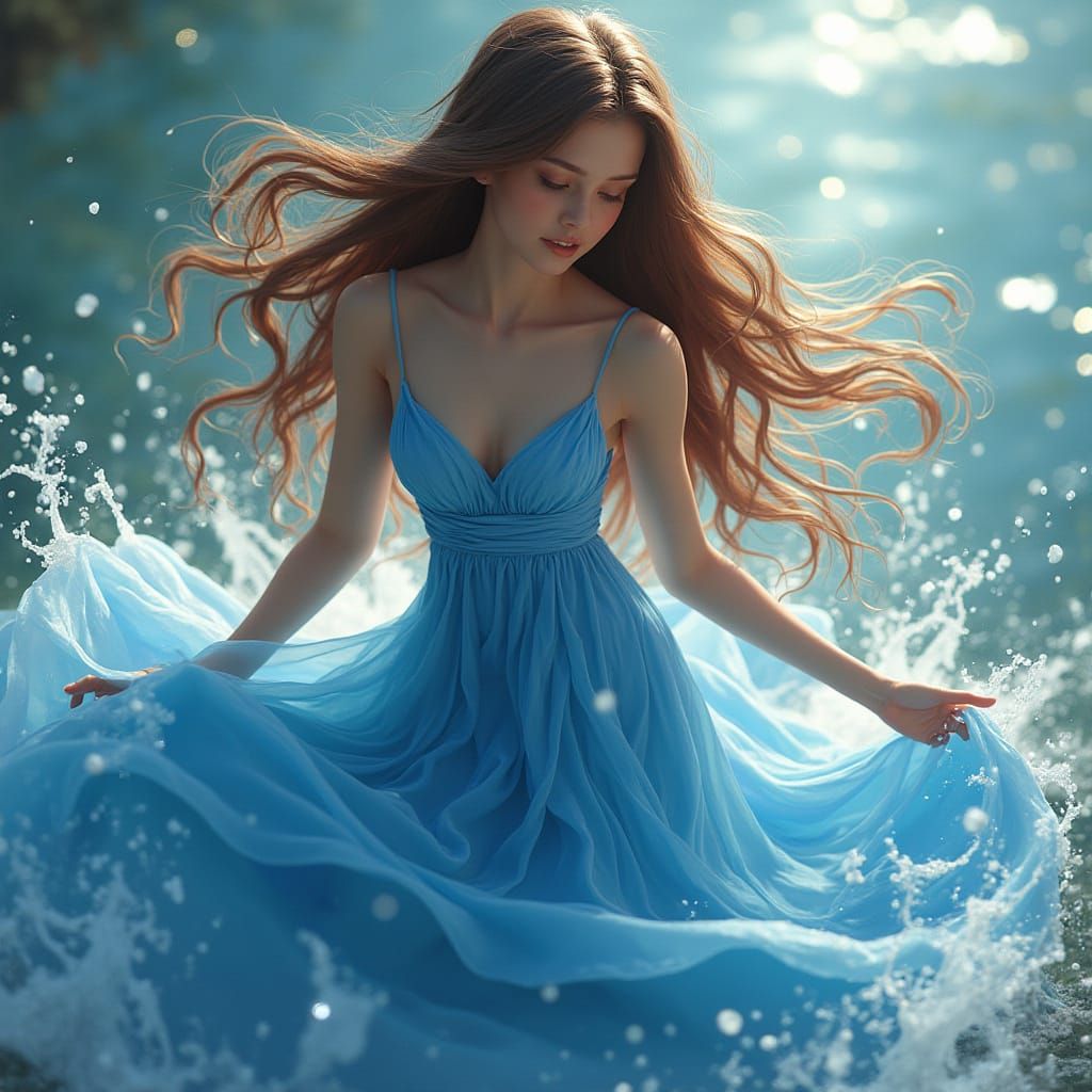 Girl in Blue Dress Playing with Water, Fantasy Realism