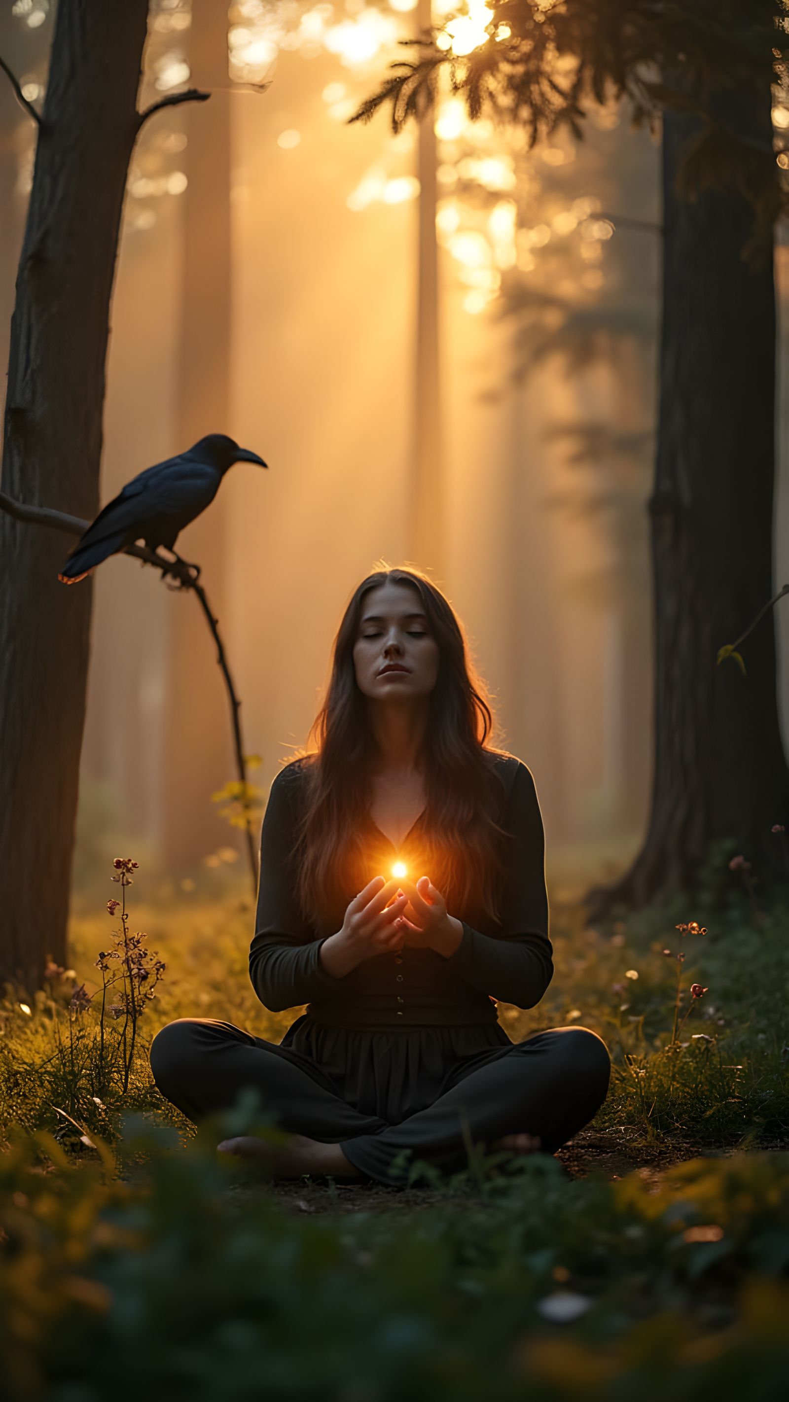 Norse Woman Meditating in Forest Clearing at Sunrise