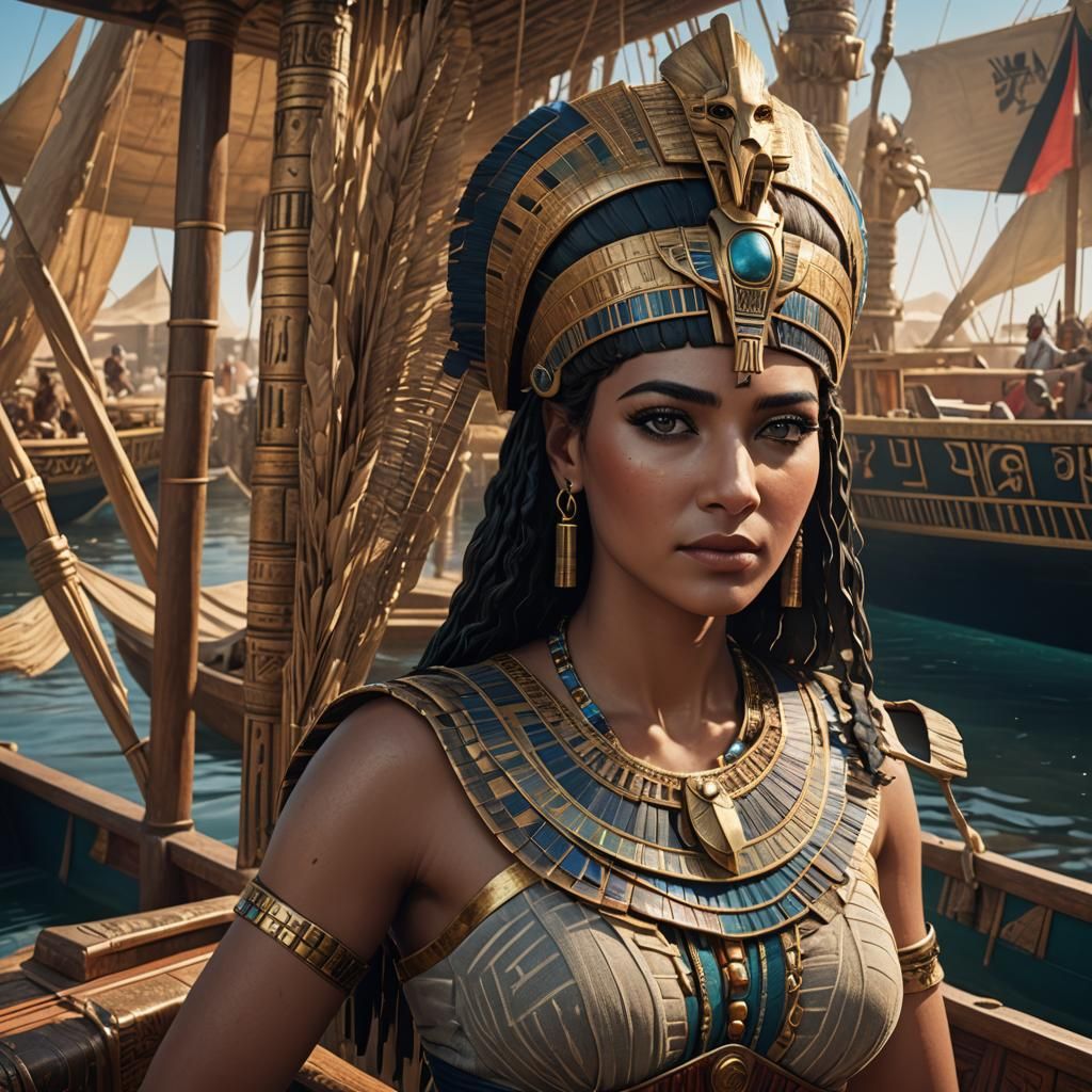 Cleopatra Portrait on Egyptian Reed Boat Deck