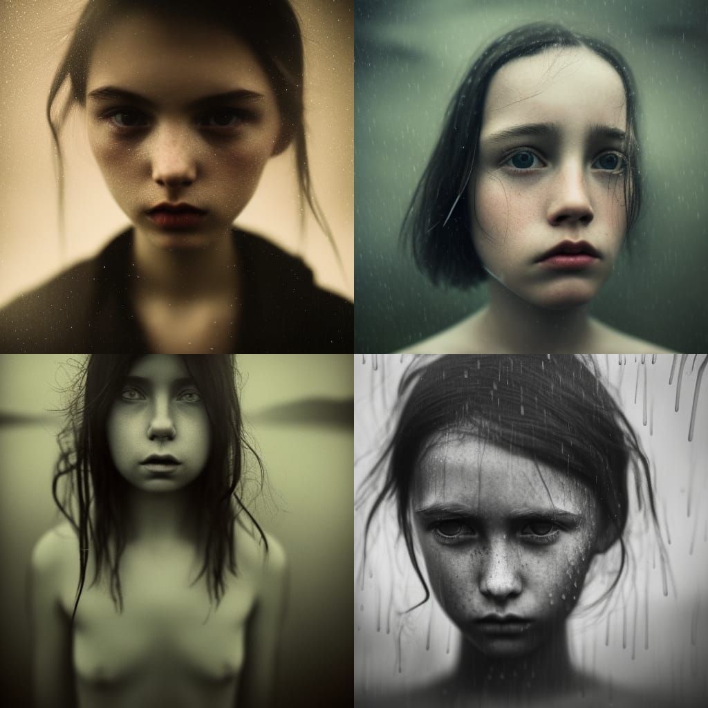 Sad Girl in Rainy Summer Night Portrait