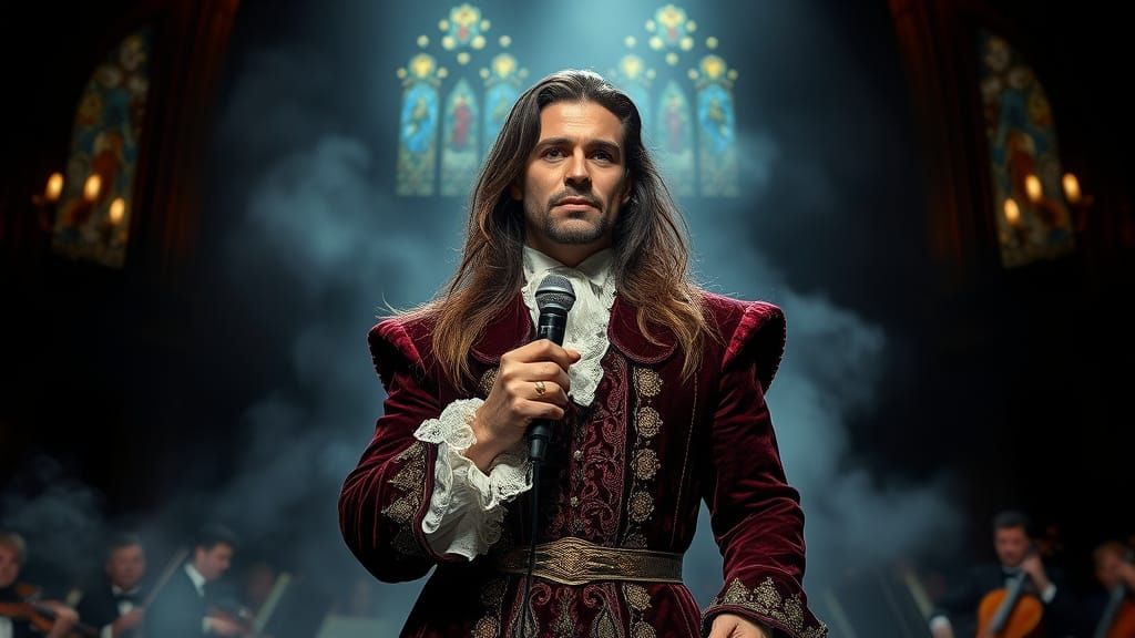 Charismatic Singer in Baroque Attire on Stage
