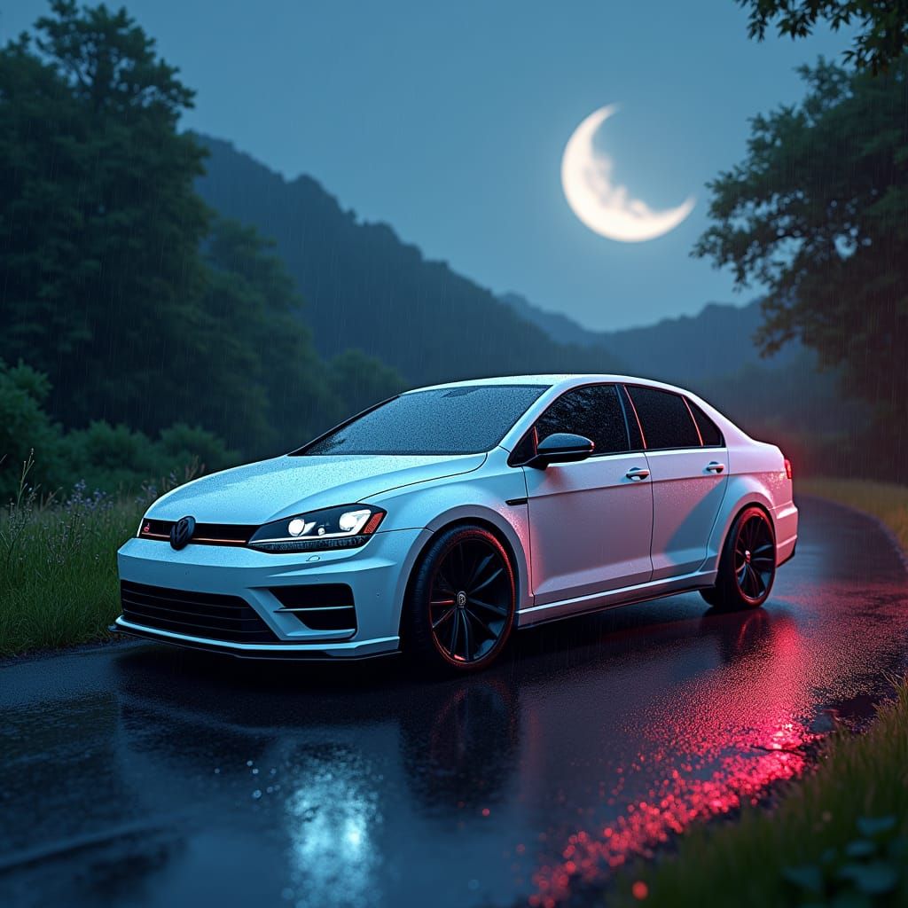 White Jetta at Night in Neon Digital Art Style
