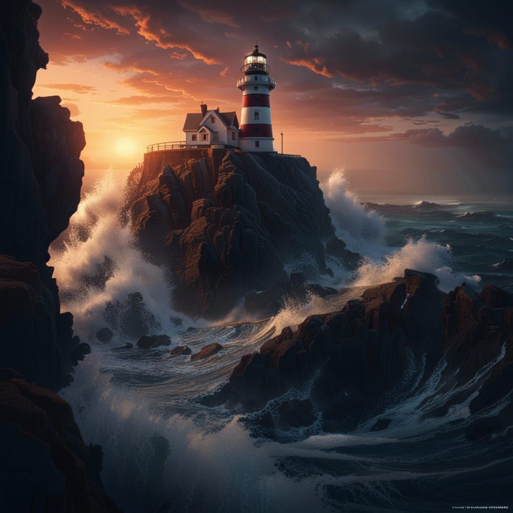 Dramatic Lighthouse on Cliff at Sunset