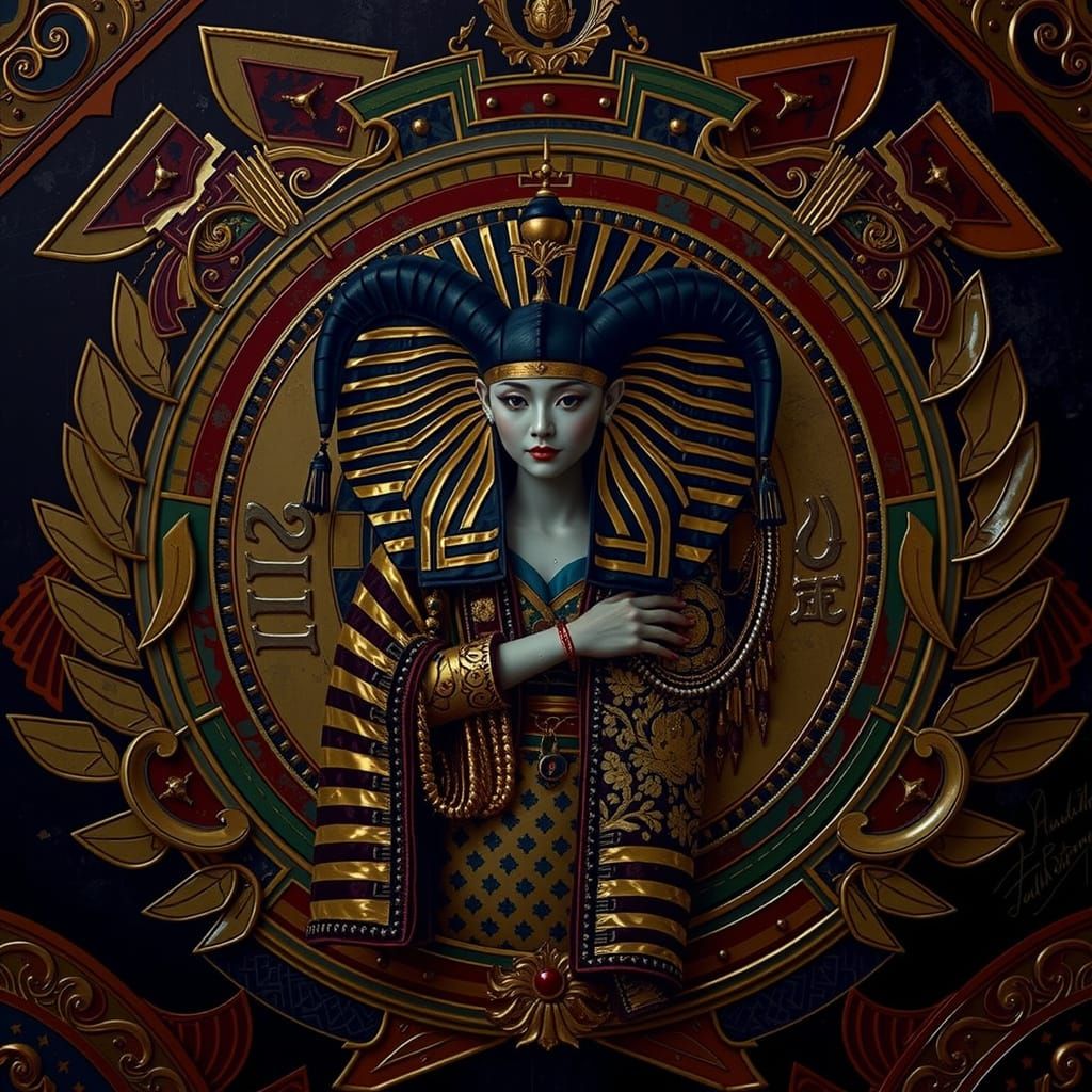 Harlequin Geisha and Tutankhamun in Photorealistic Full Body...