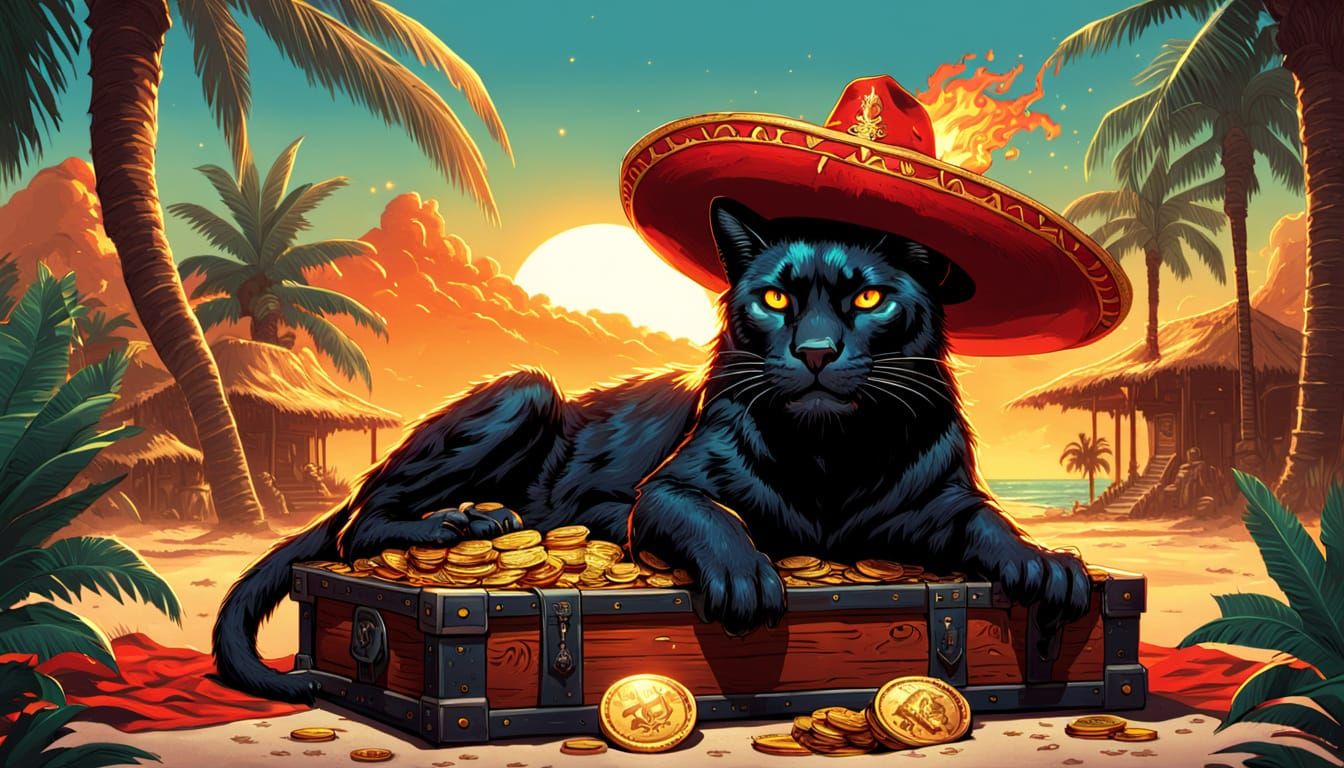 Panther Cat in Sombrero on Treasure Chest