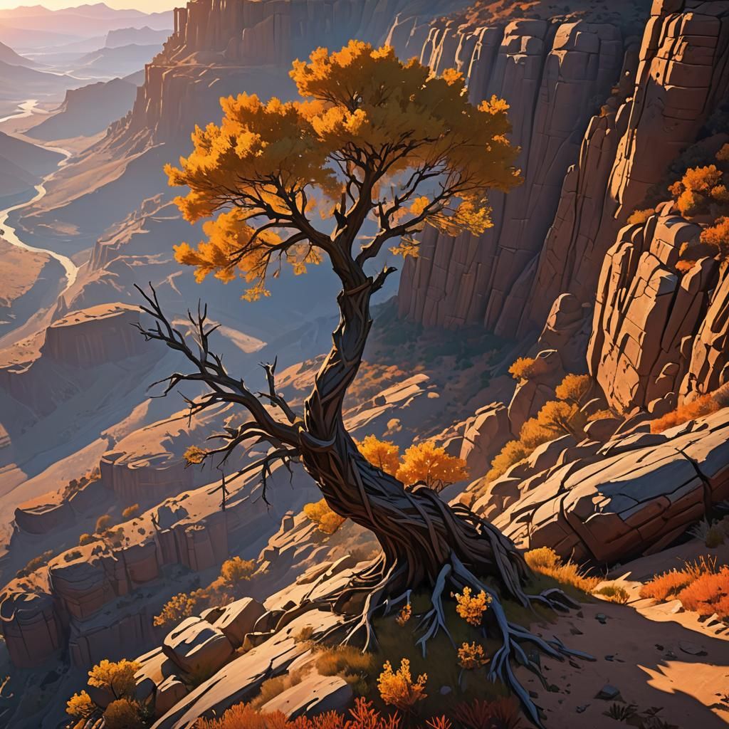 Tree on Cliffside at Sunset: Photorealistic Desert Landscape