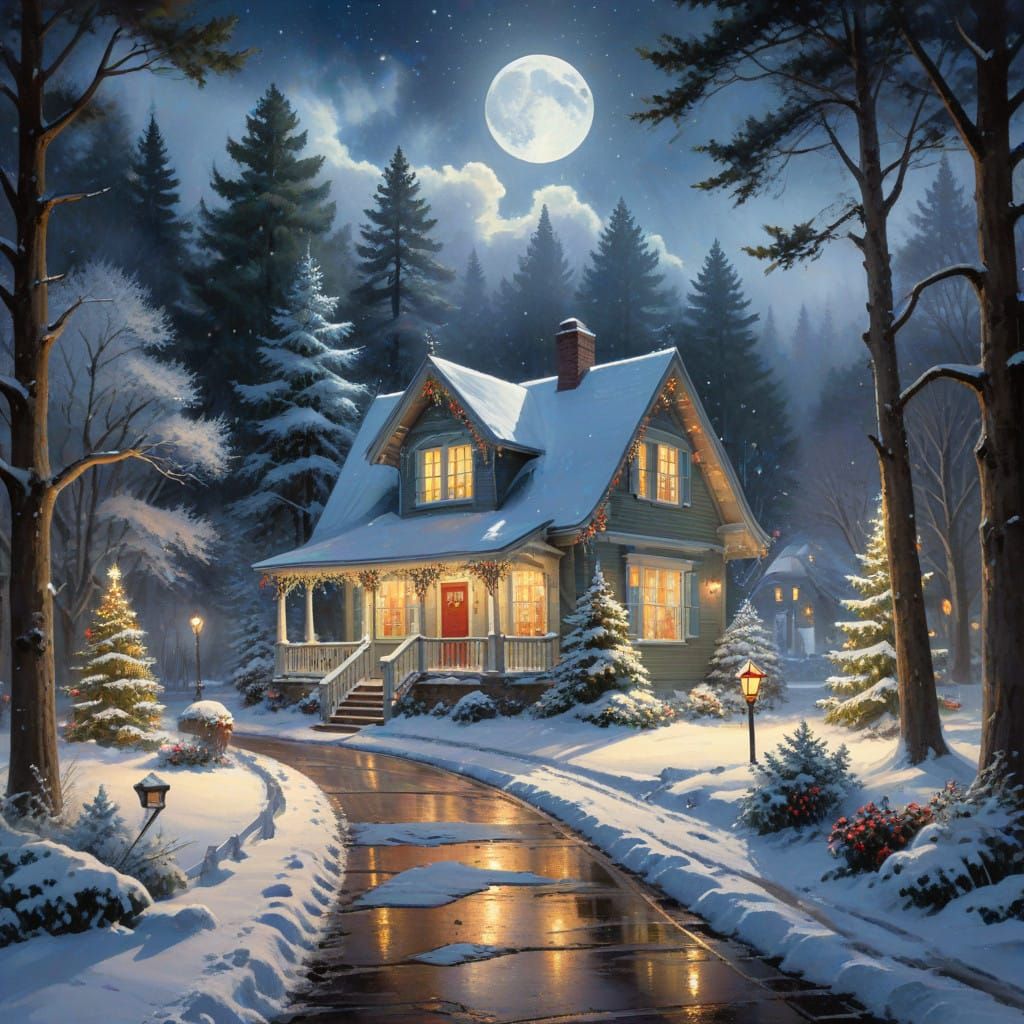 Winter Wonderland Christmas Scene Under a Full Moon