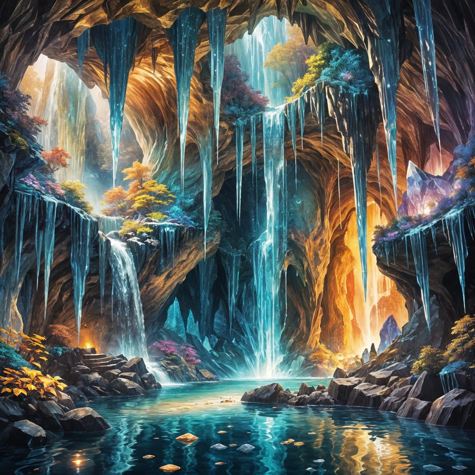 Waterfall Plunging into Crystal Cave with Shimmering Gems