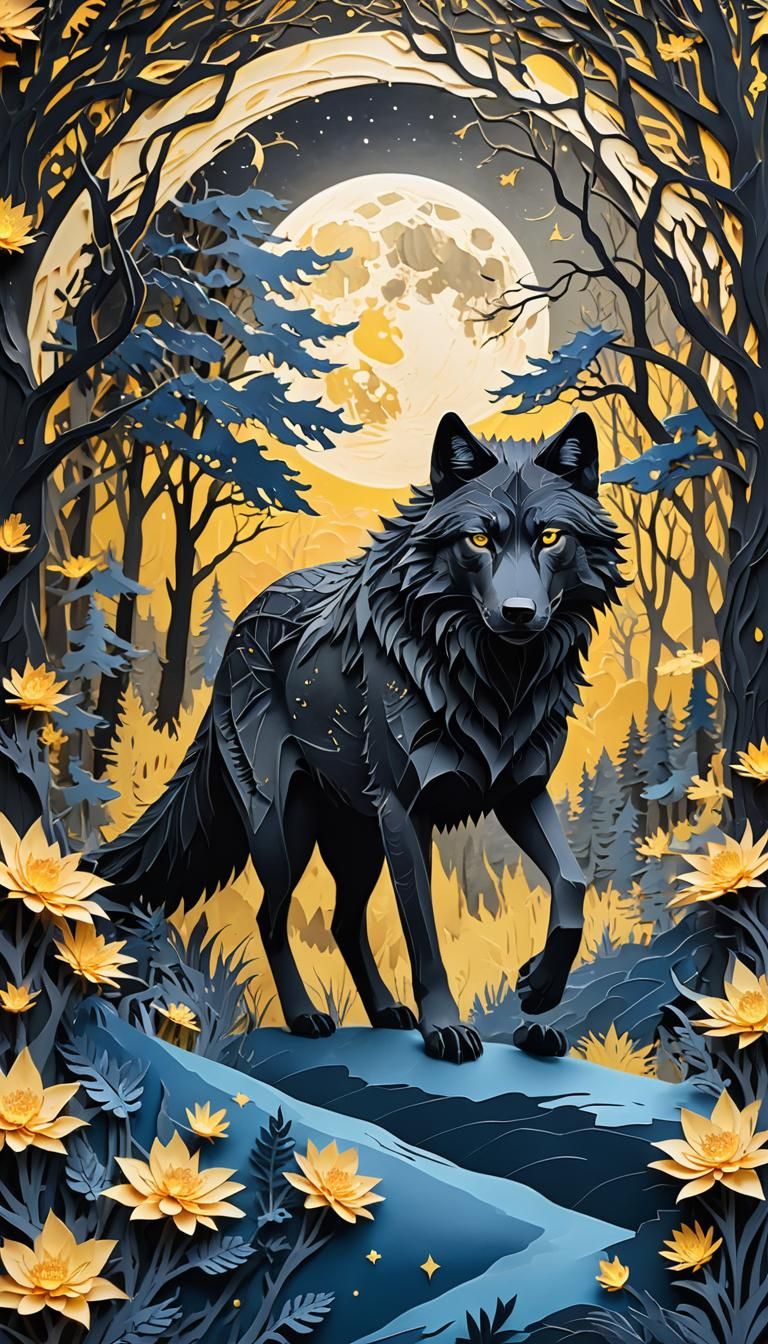One majestic black wolf with yellow eyes, chasing the illumi...