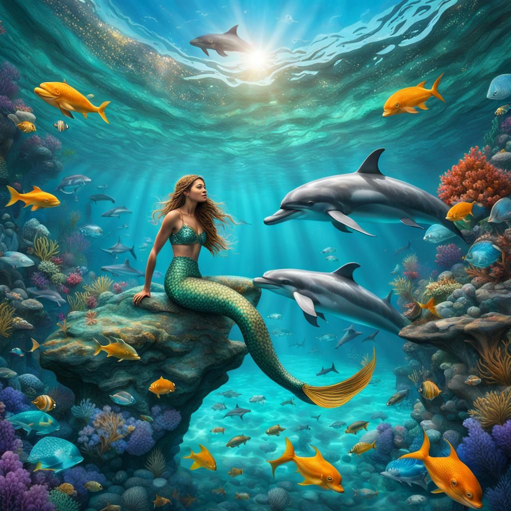 Shimmering Mermaid with Dolphins in Turquoise Water