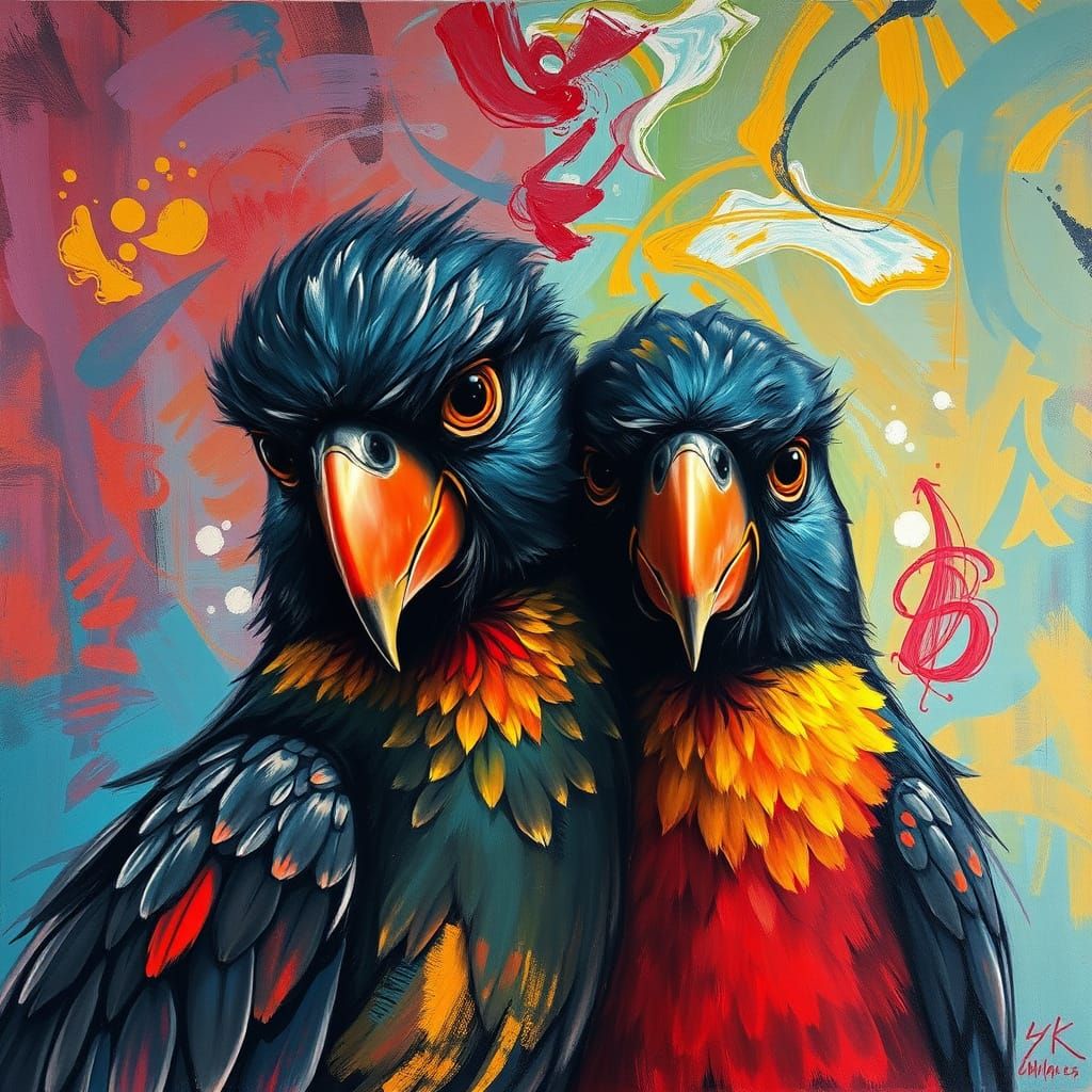 Dramatic Couple in Vibrant Impressionist Landscape, Gouache ...