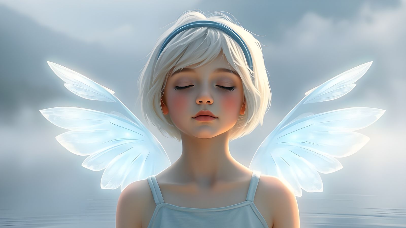 Meditating Girl Levitates Above Lake in Renoir Style