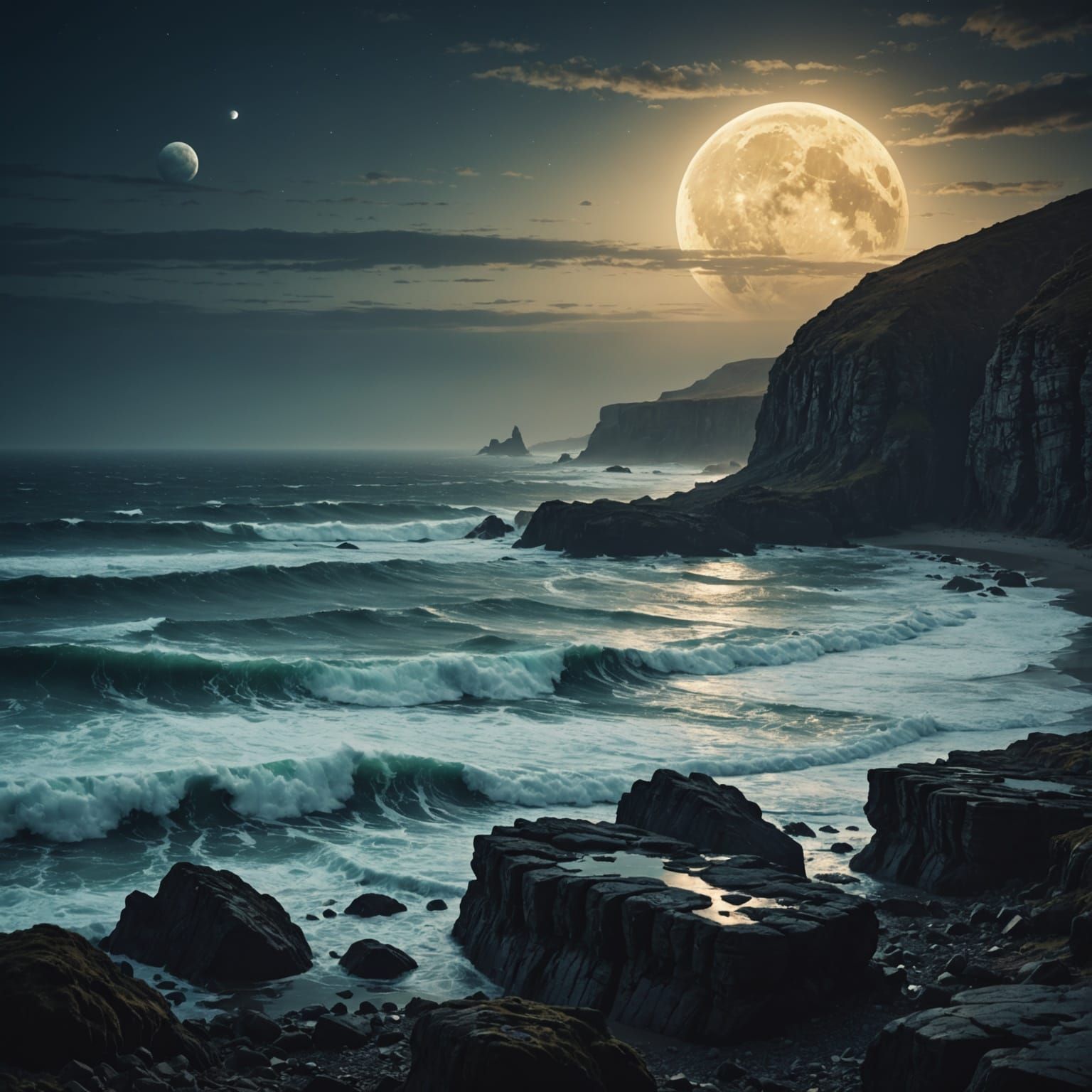 Dramatic Alien Seascape with Twin Moons