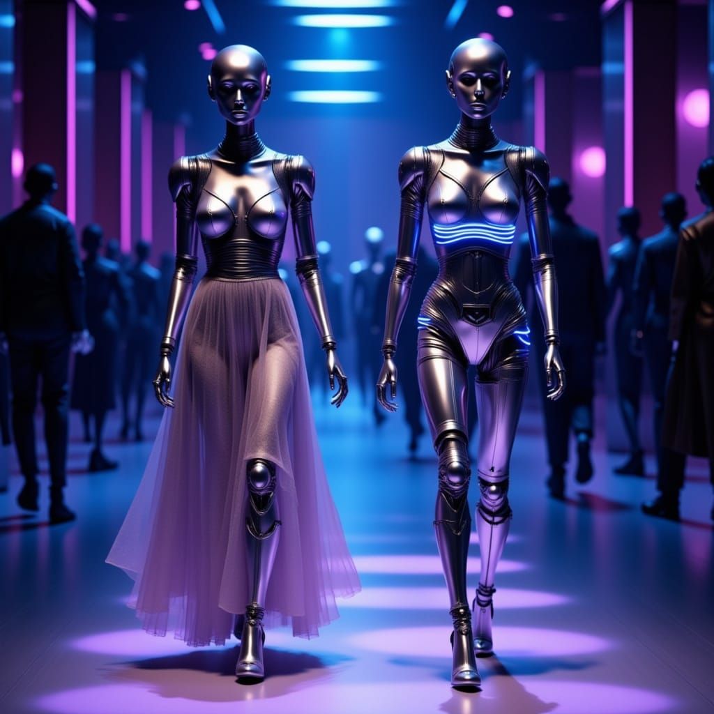 Robotic Mannequins in Futuristic Fashion on Catwalk